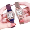 DZG rose gold diamond-encrusted square watch, purple and blue gradient metal strap, gold mesh strap, white Roman numerals dial Item Picture
